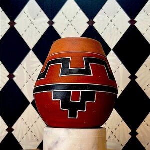 Vintage Redware Folk Pottery Vase Hand-Painted Geometric Tribal Design Primitive
